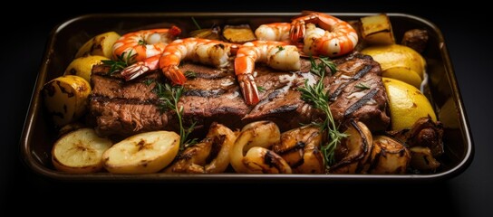 Pan filled with steak, potatoes, and shrimp