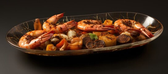 Glass dish filled with shrimp and potatoes