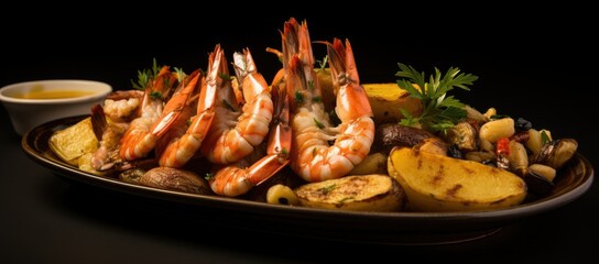 Platter of shrimp, potatoes, and dipping sauce