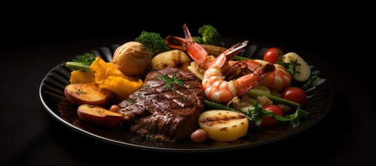 Plate of food with steak, shrimp, potatoes, and broccoli