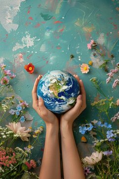 22 April - World Earth day banner concept. Two hands holding small planet with flowers in halftone collage style. Torn out paper stickers. Vector nostalgic ... See More