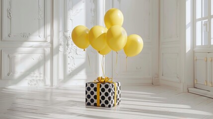 A cheerful scene with lemon-yellow paper balloons carrying a black and white polka-dotted gift box in a bright white studio