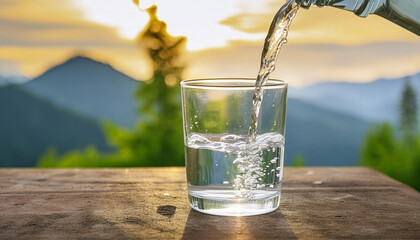 Pure Refreshment: Sparkling Water Enjoyed Against Majestic Mountain Backdrop
