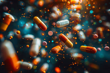 Medication, pharma industry, dietary supplements, colorful pills flying through the air