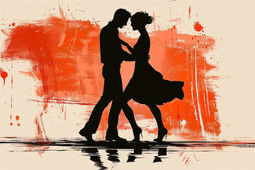Tango dancing illustration, the silhouette of a man and a woman dancing tango