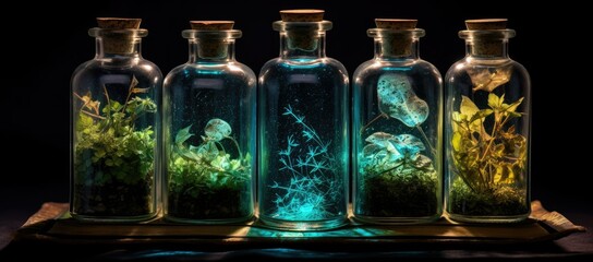 Group of glass bottles filled with plants