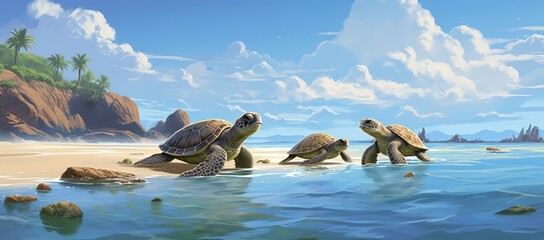 Three turtles swimming in the ocean