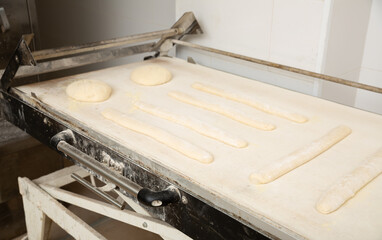 Raw dough for baguettes and buns on table in a bakery. High quality photo