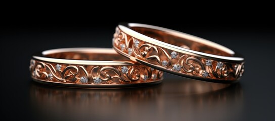 Two gold wedding rings with diamonds on a black background