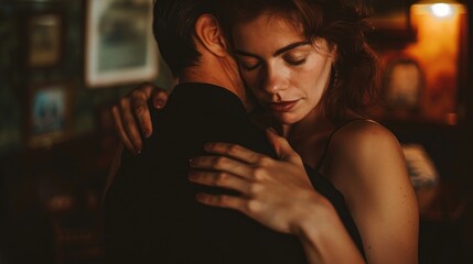 A close-up portrait of two tango dancers in an intimate embrace