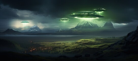 Group of alien ships floating in the sky