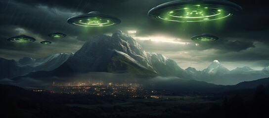 Group of green aliens flying over a mountain