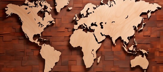 Wooden map of the world on a wall