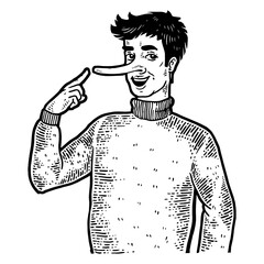 Liar man with long nose sketch engraving PNG illustration. Tee shirt apparel print design. Scratch board style imitation. Black and white hand drawn image.