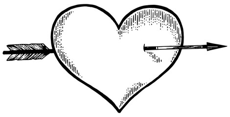 Heart symbol pierced with arrow sketch engraving PNG illustration. Romantic love lovesickness symbol. Tee shirt apparel print design. Scratch board imitation. Black and white hand drawn image.