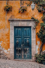 Elegant Navy Door with Hanging Baskets on a Plastered Wall. Mexican Architecture