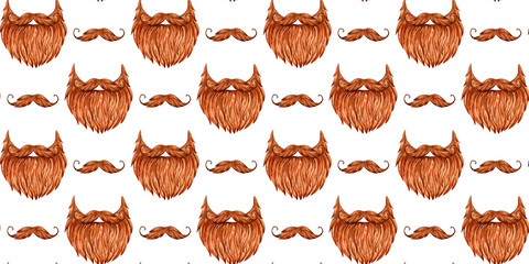 Mustache and beard red pattern watercolor illustration. Beer festival costume isolated from background. For Oktoberfest, St. Patrick's Day decorations, posters, cards, banners, flyers,