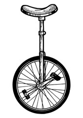 Unicycle bicycle sketch engraving PNG illustration. Tee shirt apparel print design. Scratch board style imitation. Hand drawn image. © Oleksandr Pokusai