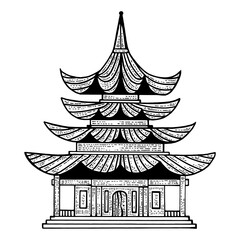 Japanese temple Pagoda house sketch engraving PNG illustration. Tee shirt apparel print design. Scratch board style imitation. Black and white hand drawn image.
