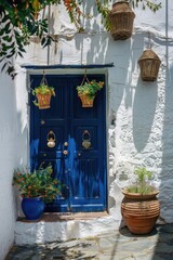 Elegant Navy Door with Hanging Baskets on a Plastered Wall. Mexican Architecture