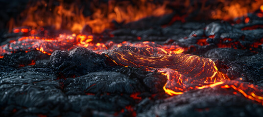 Close-up of molten lava flowing from an active volcano, showcasing the glowing red and orange textures against a dark rocky surface