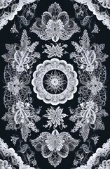 intricate black and white pattern, floral motifs intertwined with geometric elements. concepts: website background, app interfaces or digital art pieces, design inspiration for clothing or accessories