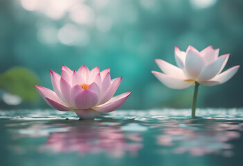 Paint a serene picture of a spiritual moment where a pink and white lotus gracefully rises from calm water