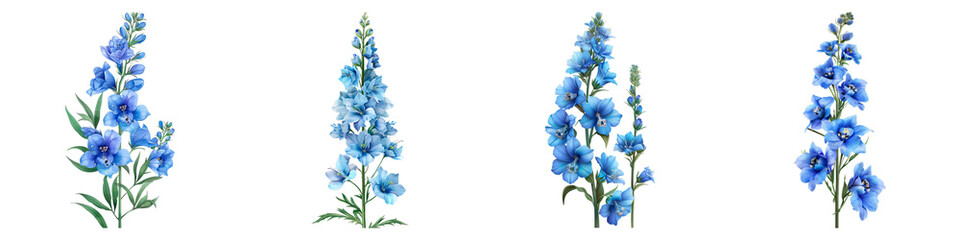 Collection of Delphinium isolated on transparent png background. Generative ai