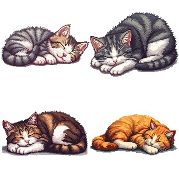 Cat Sleeping Pets 4 Pack Set Video Game Assets Pixel Art Pack, Retro Feline Pixelated Gaming Sprites Set, White Background, 8bit Animals Isolated Platformer Objects Environmental Elements