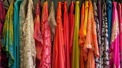 A  clothing rack with a variety of brightly colored clothes on hangers.