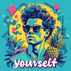 A man with a pineapple and sunglasses on a poster with the words "believe in yourself". The poster has a bright and colorful design