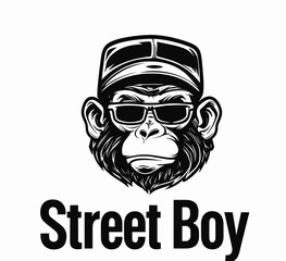 A monkey wearing sunglasses and a hat with the words street boy written below it