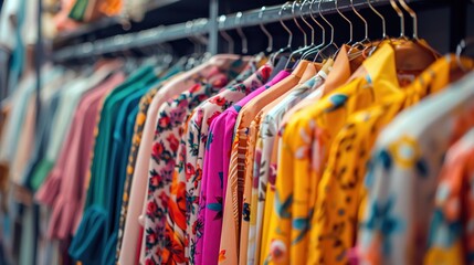 A  clothing rack with a variety of brightly colored clothes on hangers. - obrazy, fototapety, plakaty
