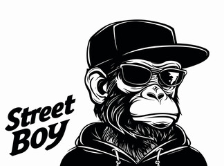 A monkey wearing sunglasses and a hat with the words street boy written on it