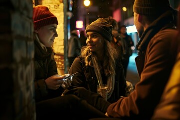 Young couple on a date in the city at night, drinking coffee