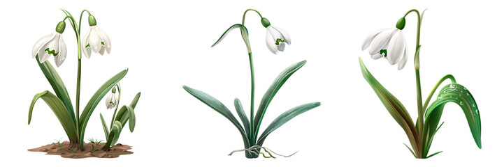 Collection of Snowdrop isolated on transparent png background. Generative ai