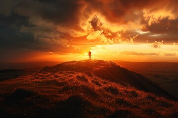 Fototapeta premium A person stands on a hilltop, looking out at the sunset