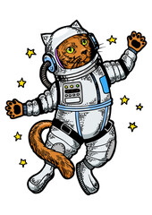 Obraz premium Cat astronaut spaceman in space sketch engraving PNG illustration. Tee shirt apparel print design. Scratch board style imitation. Black and white hand drawn image.