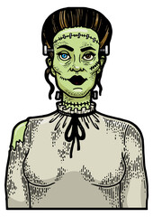Fabulous artificial monster zombie woman sketch engraving PNG illustration. Scratch board style imitation. Black and white hand drawn image.