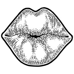 Female lips kiss sketch engraving PNG illustration. T-shirt apparel print design. Scratch board style imitation. Black and white hand drawn image.
