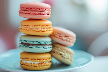 Stack of colorful macarons on a plate
