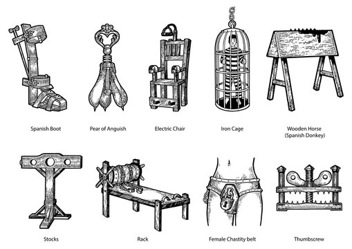Medieval torture device set sketch engraving PNG illustration. T-shirt apparel print design. Scratch board style imitation. Hand drawn image.