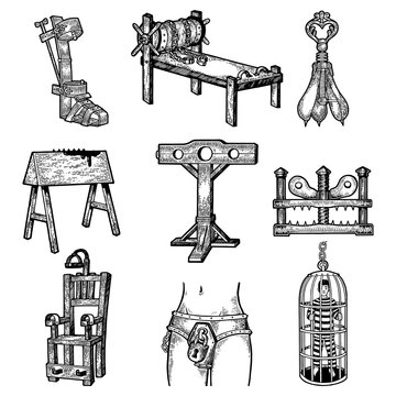 Medieval torture device set sketch engraving PNG illustration. T-shirt apparel print design. Scratch board style imitation. Hand drawn image.