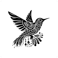 Hummingbird silhouette in bohemian, boho, nature illustration