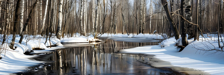 Early spring in the taiga, featuring a river gently breaking free from its ice cover surrounded by budding birch trees