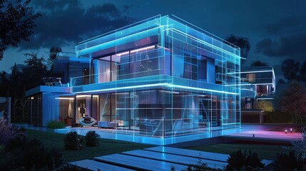 A glowing blue and pink wireframe model of a house.


