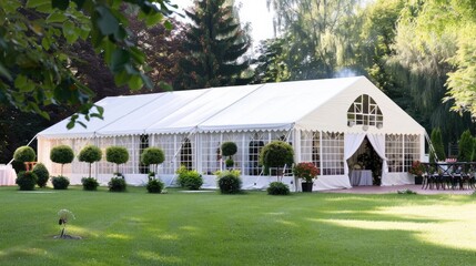 Fototapeta na wymiar White clean wedding party tent. Where you can organize your wedding