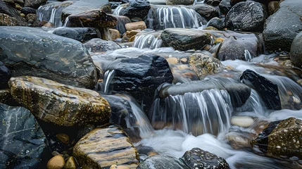 Plexiglas schilderij Toilet Gentle waterfalls flowing over smooth stones in a serene Zen garden, with koi fish visible in the water beneath  © Muhammad