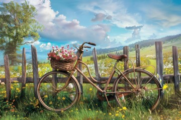 Fototapeta premium A bicycle with a basket full of flowers is parked in a field. The bicycle itself is old and worn