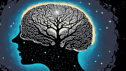 drawing of what looks like a human brain with a single black tree with light shining from its leaves, and a hieroglyphic photograph of a starry cosmic landscape in the dark.